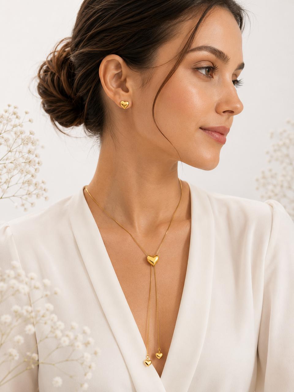 Set de Aretes y Collar Corazón- Acero Inoxidable
