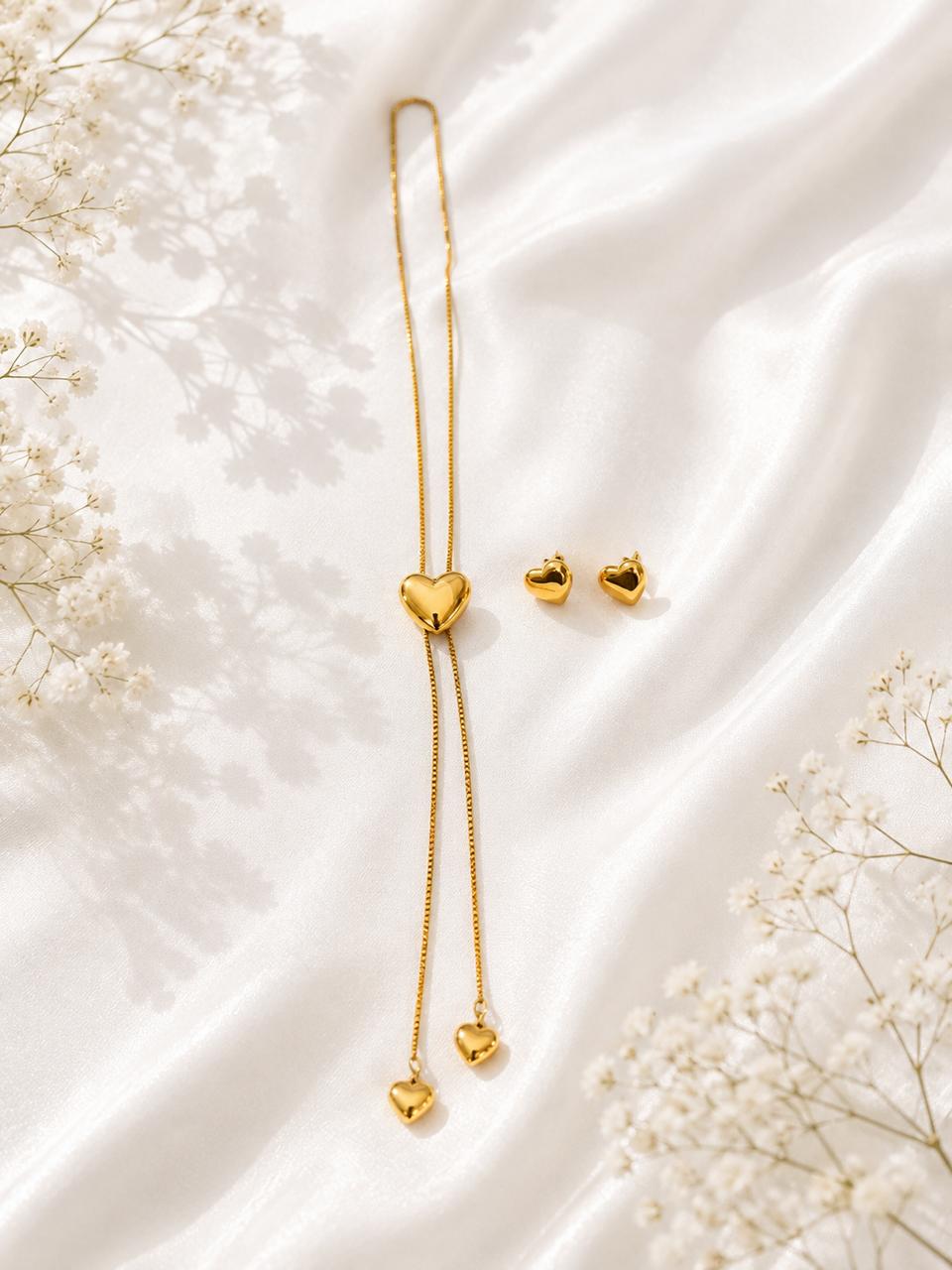 Set de Aretes y Collar Corazón- Acero Inoxidable